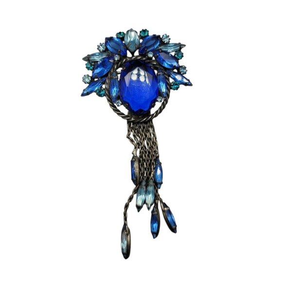 Blue Sapphire Glass Brooch Dangling Chain Blue Rhinestones Gray Metal Setting - Picture 1 of 11